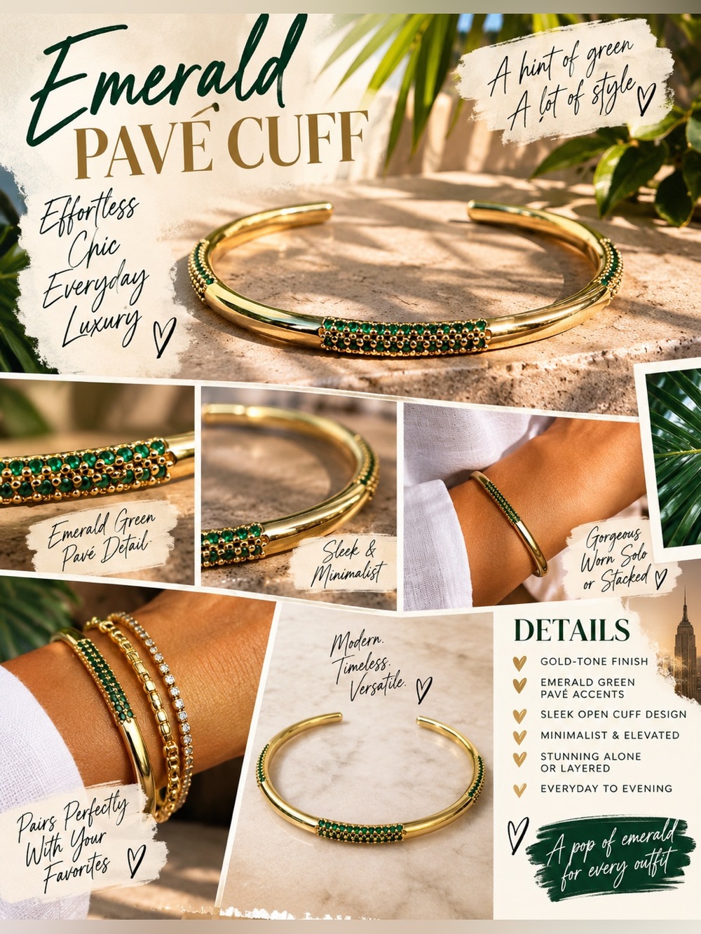 ✨ Gold & Emerald Pavé Minimalist Cuff Bracelet ✨ Sleek, modern and quietly luxe